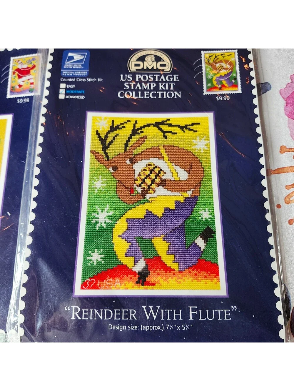 DMC US Postage Stamp Cross Stitch Kits Santa Reindeer Christmas Set of 2